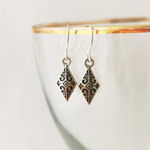 Celtic diamond shape small silver dangly earrings. Silver plated, nickel free and hypoallergenic image 1