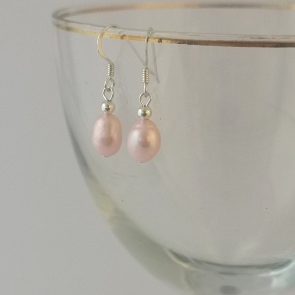 Soft pink freshwater pearl earrings on sterling silver hooks