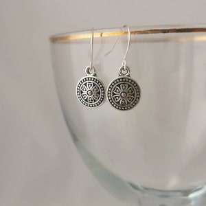 Small mandala silver dangly earrings. Silver plated, nickel free and hypoallergenic