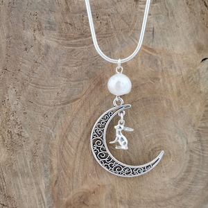 Long Pendant necklace with hare and moon and white freshwater pearl