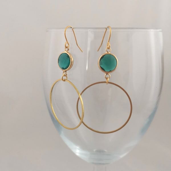 Teal and gold loop statement earrings, hypoallergenic, nickel free