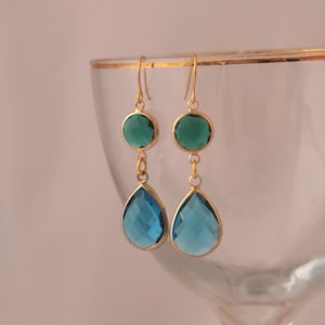 Blue and teal green faceted glass earrings