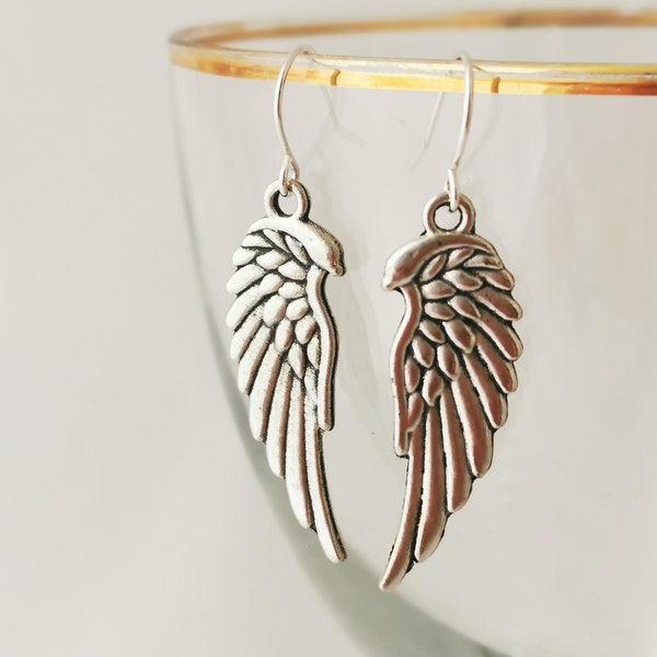 Silver angel wing earrings, silver plated, nickel free, hypoallergenic