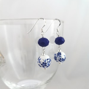 Blue cermaic vintage style drop earrings on sterling silver hooks