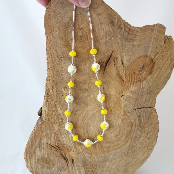 Bright yellow bead necklace. Summer necklace. Cheerful necklace