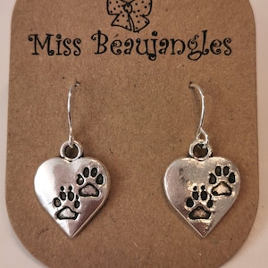 Silver paw print earrings. Paw print hearts. Silver plated, nickel free, hypoallergenic