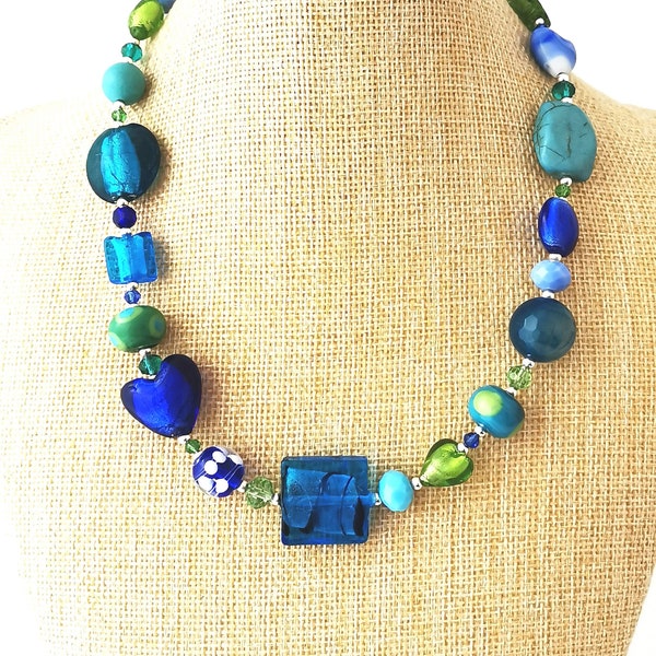 Funky blue and green mixed bead and gemstone necklace with toggle clasp