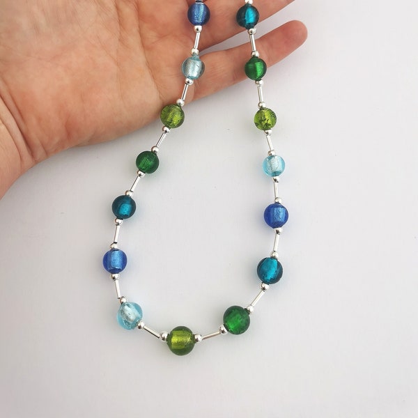 Blue and green glass short necklace