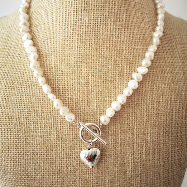 White baroque freshwater pearl necklace with silver toggle clasp and heart detail