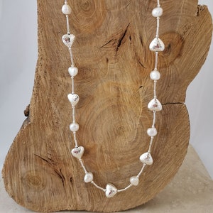 Long hammered heart and freshwater pearl necklace