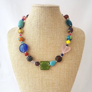 Funky multi colour mixed bead and gemstone necklace with toggle clasp. Chunky  necklace. Rainbow necklace