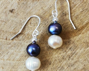 Black and white freshwater pearl earrings. Silver plated nickel free hypoallergenic.