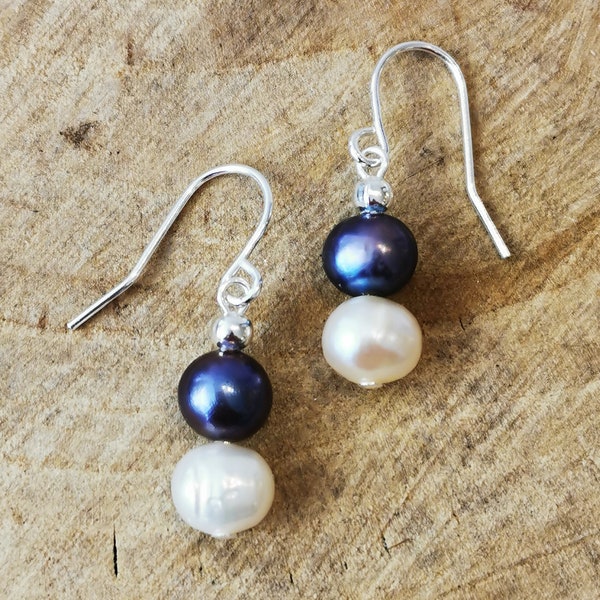 Black and white freshwater pearl earrings. Silver plated nickel free hypoallergenic.