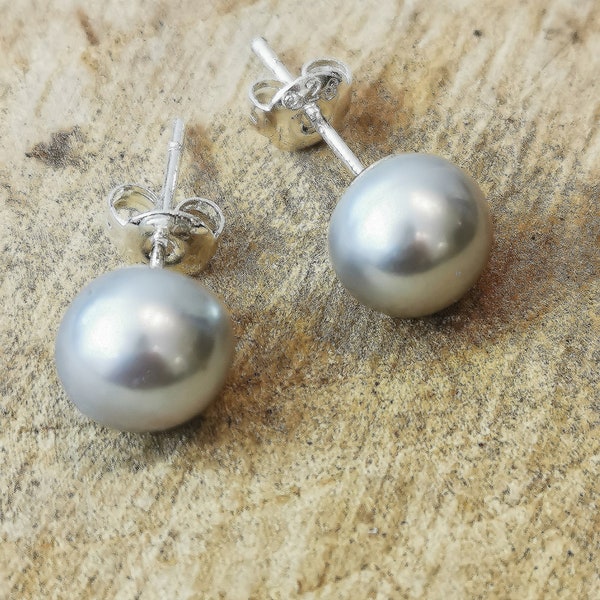 Grey freshwater pearl stud earrings 7mm sterling silver.