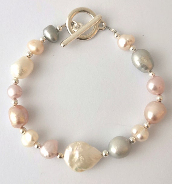 Freshwater Pearl Bracelet Natural Pinks Whites and Greys - Etsy UK