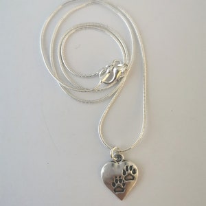 Silver pawprint heart necklace. Silver plated pendant on silver plated snake chain. 18 inches. image 5