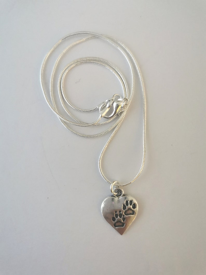 Silver pawprint heart necklace. Silver plated pendant on silver plated snake chain. 18 inches. image 5