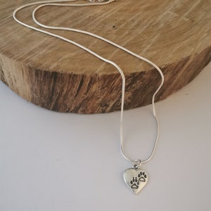 Silver pawprint heart necklace. Silver plated pendant on silver plated snake chain. 18 inches. image 3