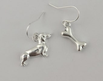 Funky dog and bone earrings. Silver plated, nickel free hypoallergenic