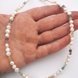 Freshwater pearl and gemstone necklace, flourite and pearl necklace image 3