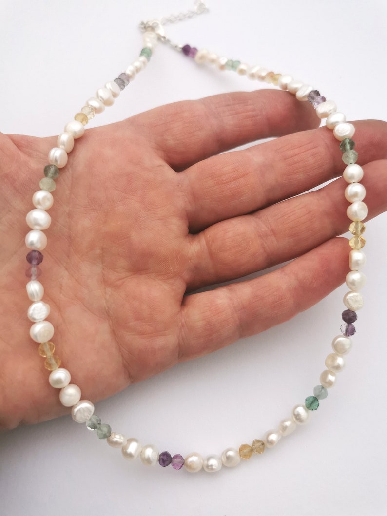 Freshwater pearl and gemstone necklace, flourite and pearl necklace image 3