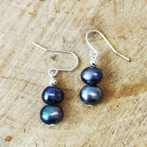 Double peacock black freshwater pearl drop earrings. Silver plated hypoallergenic, nickel free