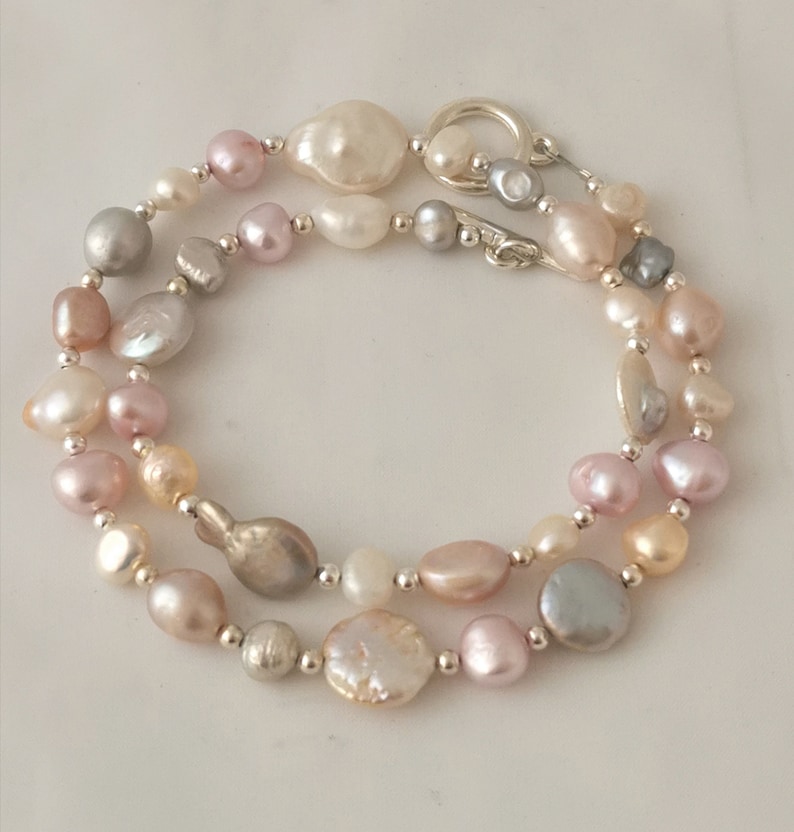 Mixed Freshwater pearl necklace, pinks, whites and greys image 1