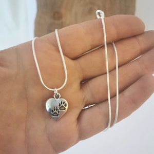 Silver pawprint heart necklace. Silver plated pendant on silver plated snake chain. 18 inches. image 4