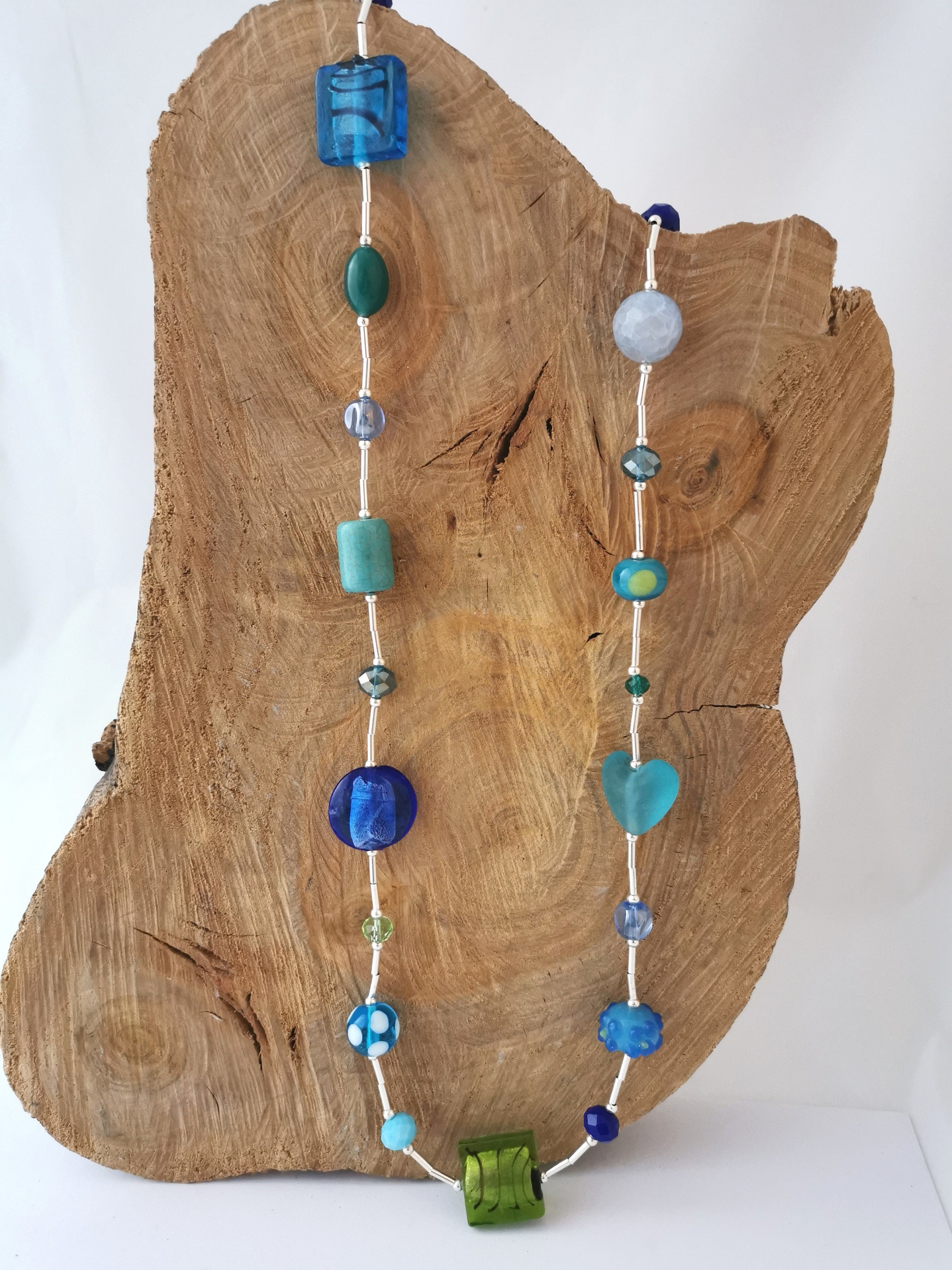 Funky long mixed blue green and turquoise necklace. — Miss Beaujangles