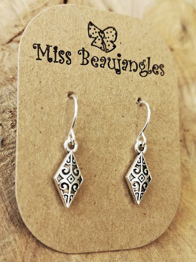 Celtic diamond shape small silver dangly earrings. Silver plated, nickel free and hypoallergenic image 2