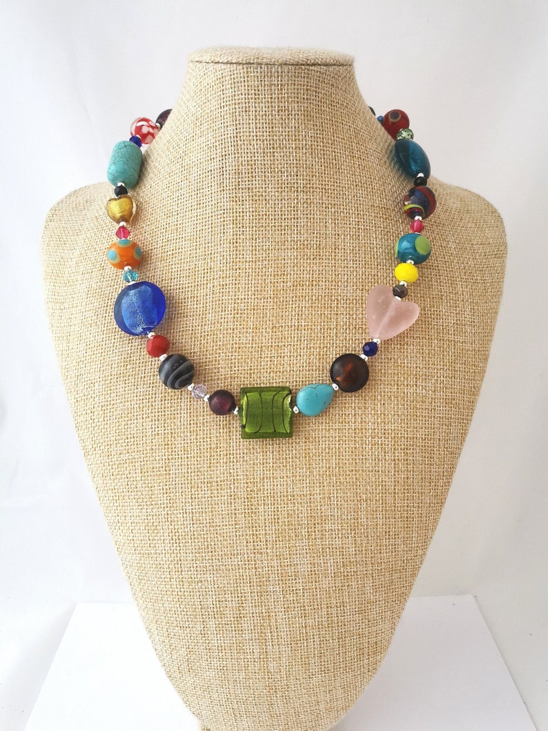 Funky Chunky Bead Necklace: Multi-color Gemstone, Silver Toggle Clasp
