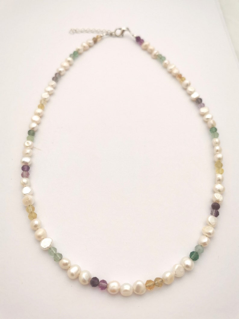 Freshwater pearl and gemstone necklace, flourite and pearl necklace image 4