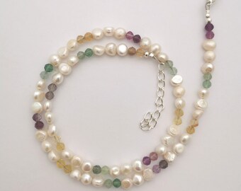 Freshwater pearl and gemstone necklace, flourite and pearl necklace