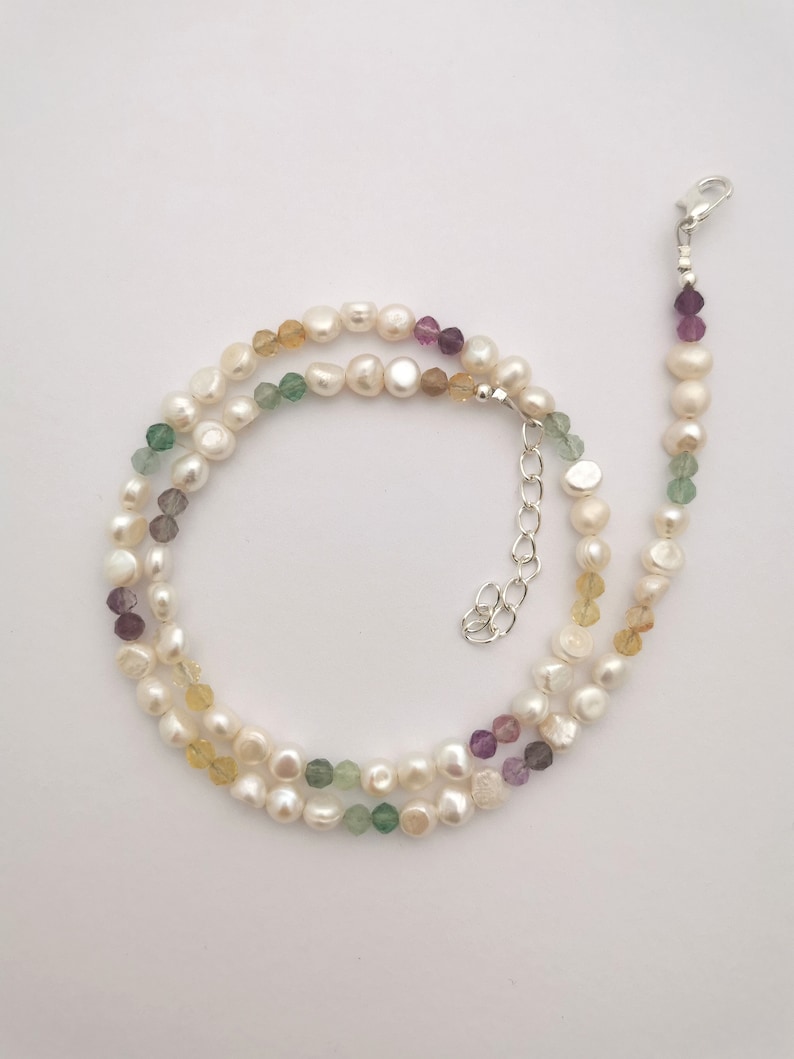 Freshwater pearl and gemstone necklace, flourite and pearl necklace image 1