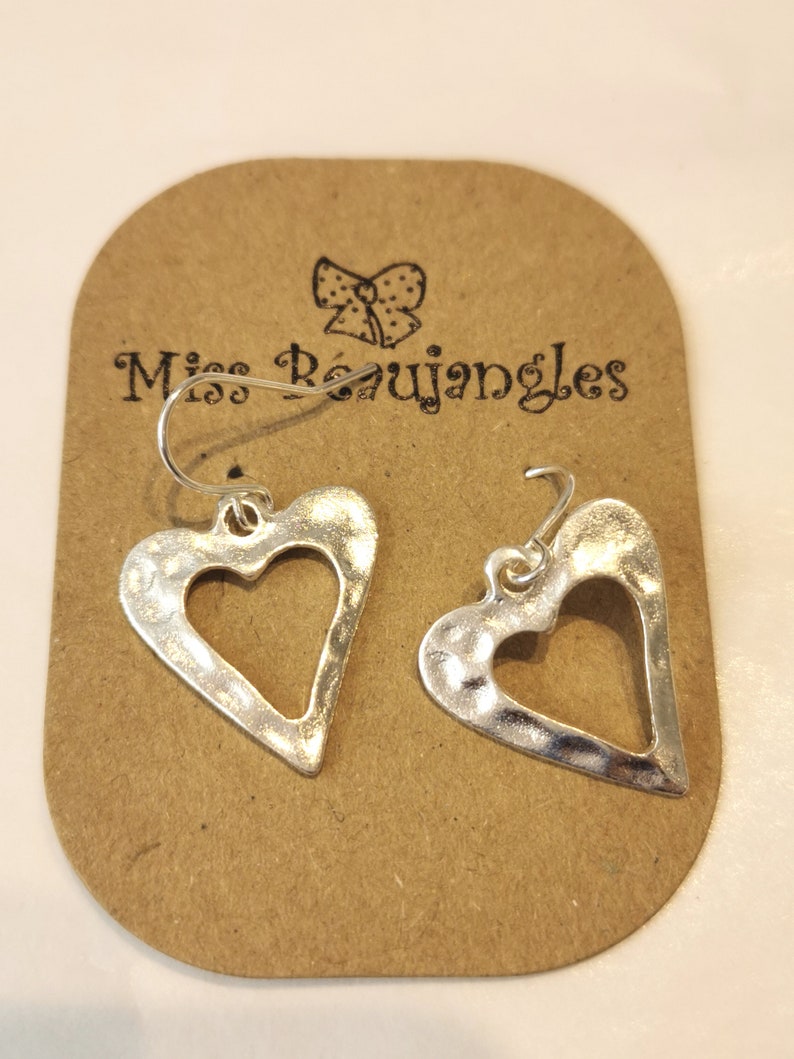 Hammered silver open heart earrings. Silver plated hypoallergenic image 3