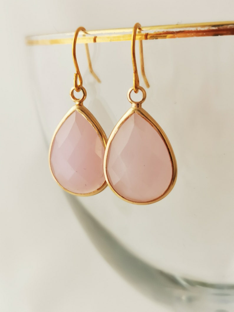Pale Opaque Pink Faceted Glass Drop Earrings. Gold Plated Etsy