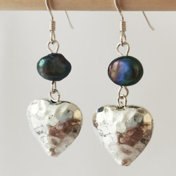 Black freshwater pearl and hammered heart earrings on sterling silver hooks