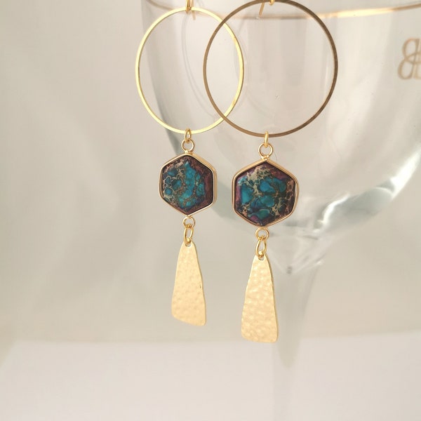 Hammered gold and greeny blue dyed jasper statement earrings