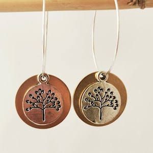 Baum des Lebens Creolen, Silber und Bronze farbige Scheiben mit Baum des Lebens.