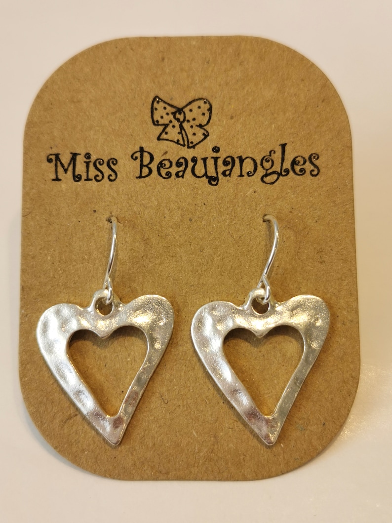 Hammered silver open heart earrings. Silver plated hypoallergenic image 2