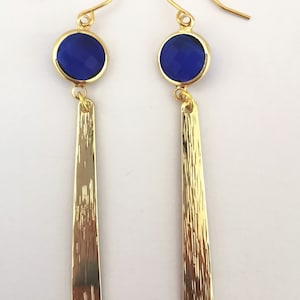 Gold and royal blue long drop earrings