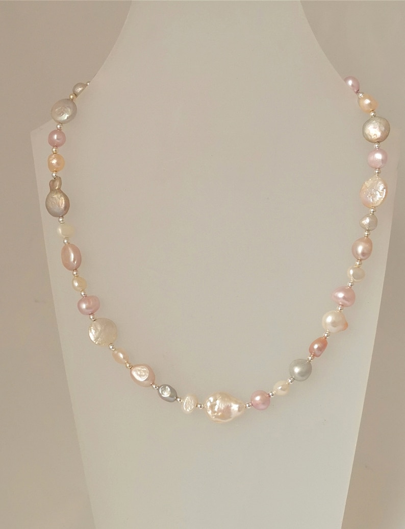 Mixed Freshwater pearl necklace, pinks, whites and greys image 2