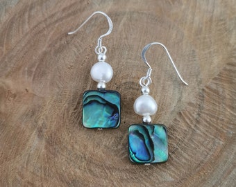 Abalone and freshwater pearl earrings. On sterling silver hooks