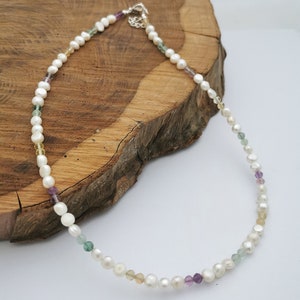 Freshwater pearl and gemstone necklace, flourite and pearl necklace image 6