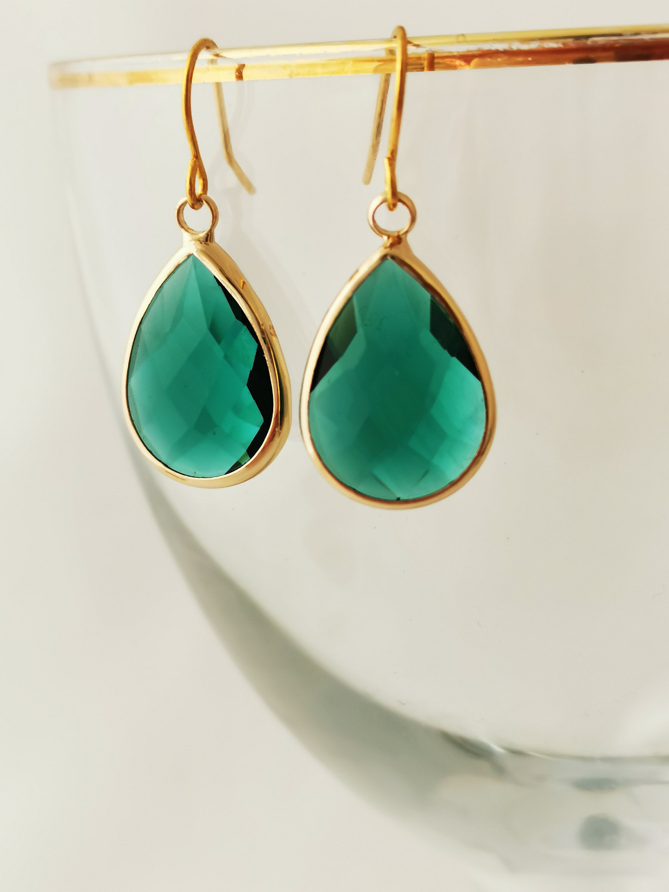 Gold and teal faceted glass teardrop earrings, hypoallergenic, nickel free