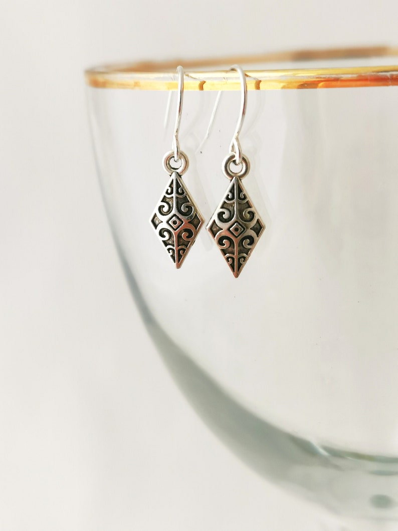 Celtic diamond shape small silver dangly earrings. Silver plated, nickel free and hypoallergenic image 1