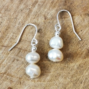 Simple double drop freshwater pearl earrings. Silver plated hypoallergenic hooks.