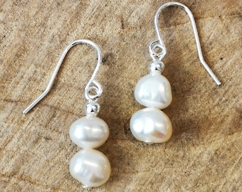 Simple double drop freshwater pearl earrings. Silver plated hypoallergenic hooks.