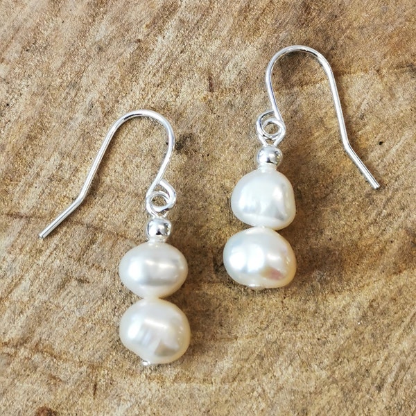 Simple double drop freshwater pearl earrings. Silver plated hypoallergenic hooks.