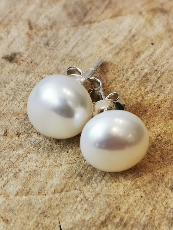 White freshwater pearl stud earrings 10mm sterling silver